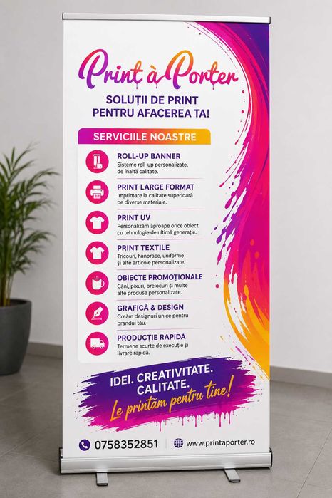 MEGA OFERTĂ ROLL UP PERSONALIZAT - Sistem din aluminiu,husa de protectie,grafica,print culori vibrante,finisaje exceptionale.MAI IEFTIN NU EXISTA