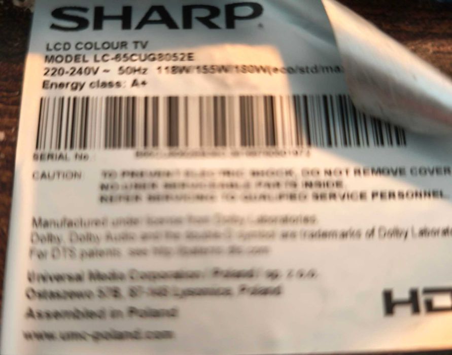 Sharp LC-65CUG8052E – 65" 4K, със счупен дисплей.
