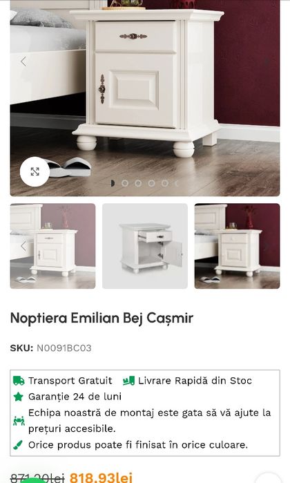 Noptiera din lemn masiv albă