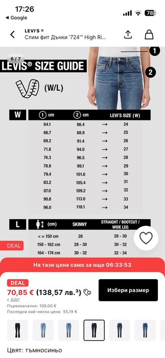 LEVI’S дамски дънки модел “724” р-р 28 с висока талия слим