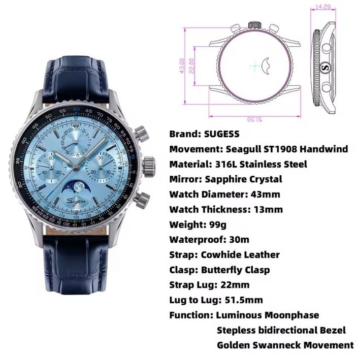 Ceas SUGESS moonphase chronograph  mecanic