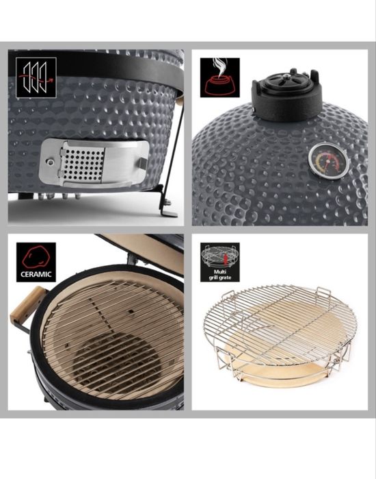 Gratar gradina cu carbuni, fix, din ceramica + inox, 55 x 55 cm, Landmann Kamado 572, cu capac, cu ceas de temperatura, 2 niveluri de gatit