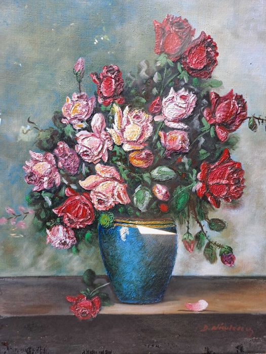 tablou vechi pictura pe panza 82/63 cm semnat D Niculescu