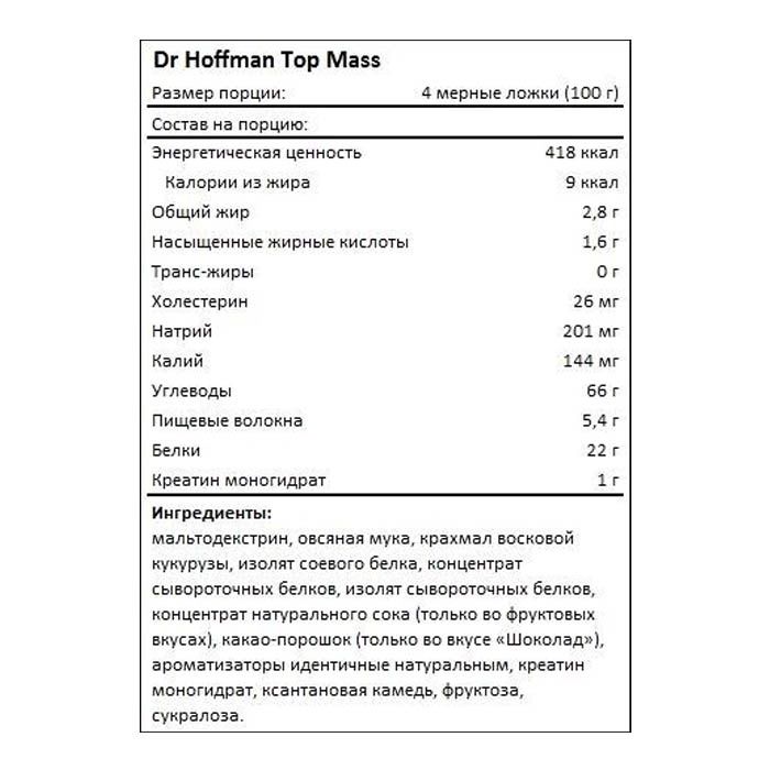Гейнер, 2.5 кг, Hoffman Top Mass