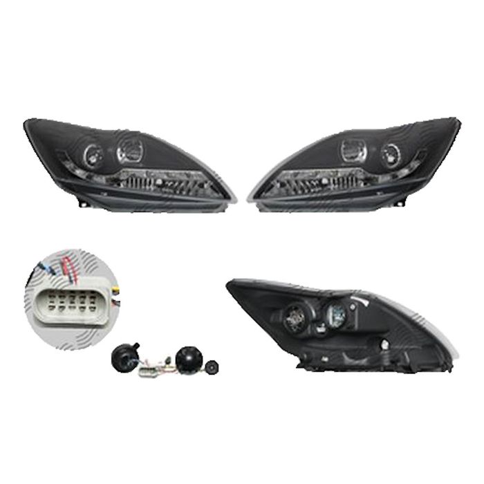 Set faruri Ford Focus 2 (Da), 01.2008-12.2010, partea stanga+dreapta, Tuning, fata, cu lumina de parcare LED; H1+H3; manual; negru, transparent; tuning, Taiwan