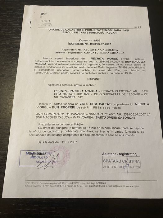 Vind teren exstravilan cu deschidere la E 85 Baltati