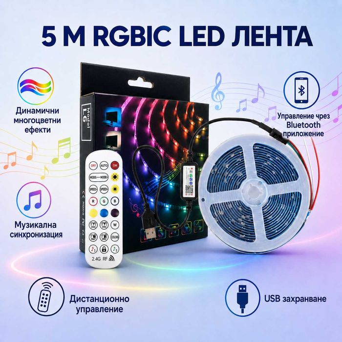RGBIC LED лента 5 м с Музикална Синхронизация – Bluetooth, Приложение, Дистанционно и Цветни Ефекти за TV, Гейминг , Партита, Домашно Кино, Дискотека