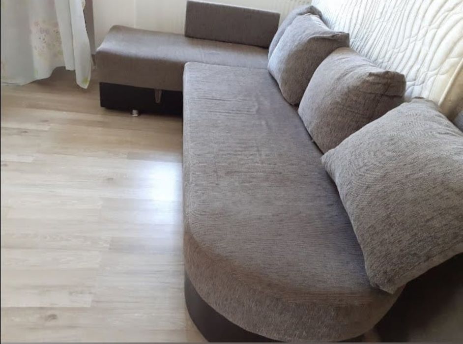 Colțar extensibil cu lada depozitare, 4 perne, stofa, gri 280x140 cm
