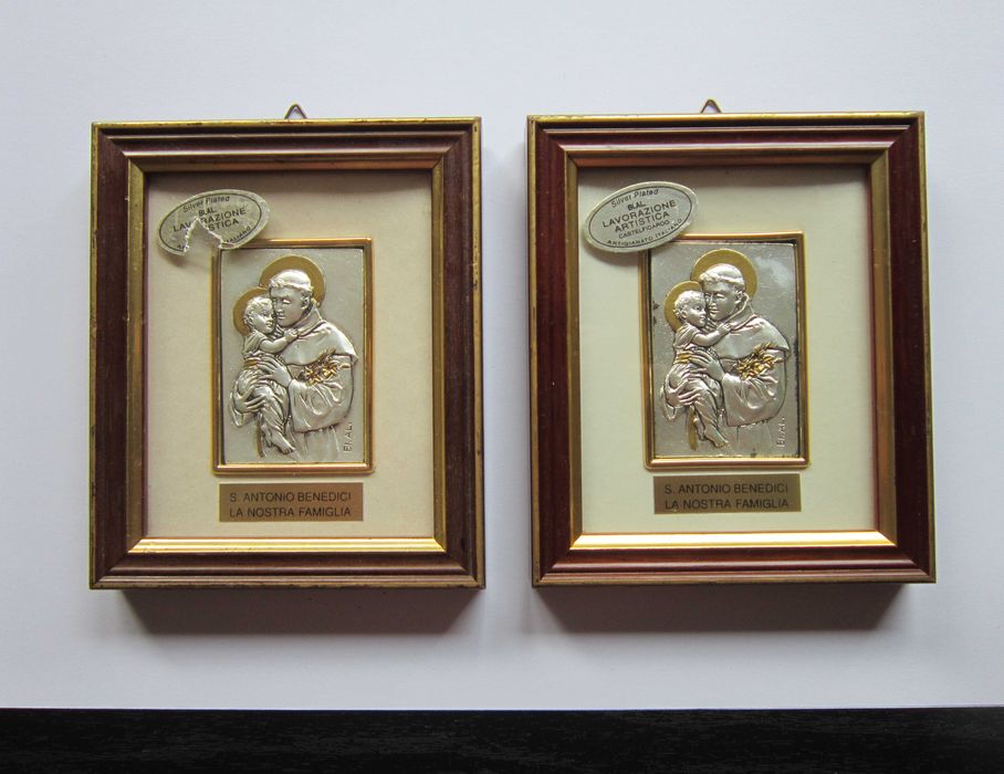 cadou rar Sf Anton de Padova 2xTablou Icoana placat argint Italia 1960