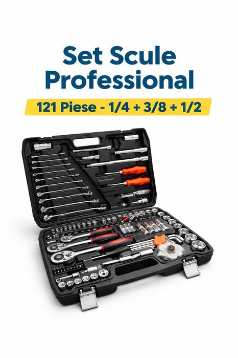 Set Scule PROFESIONAL 121 Piese 1/4 3/8 1/2 – Complet si Robust