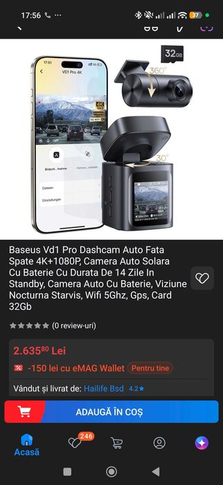 Cameră auto Camera de bord auto 4K Baseus PrimeTrip VD1 Pro Față+Spate, WiFi 5G, Sony Starvis, Nouă Sigilată