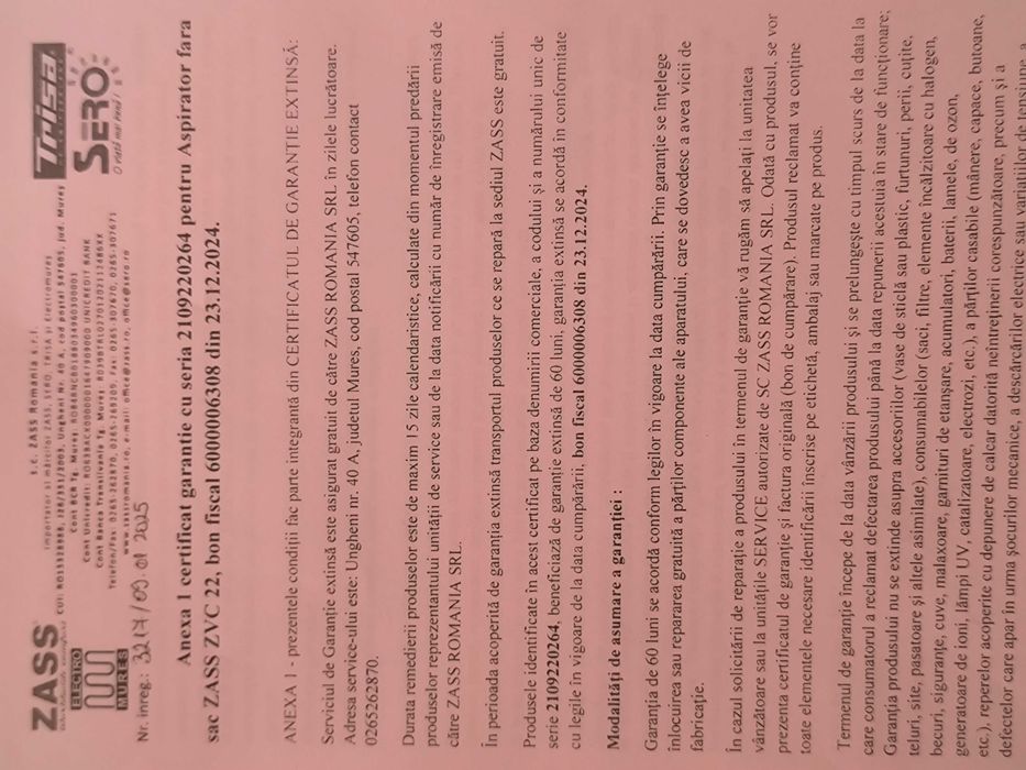 Aspirator Zass , nou, fara sac model  ZVC 22 GOLD garantie 5 ani