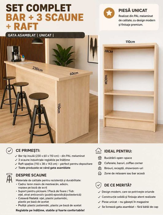 Bar tip insulă+scaune+raft