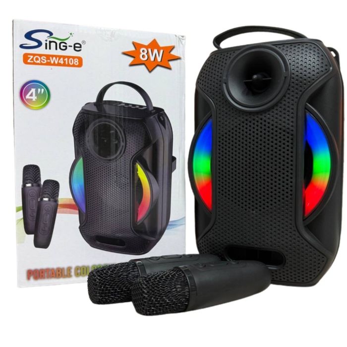 Преносима Bluetooth караоке колона ZQS-W4110 с 2 безжични микрофона, RGB светлини, FM радио, USB, TF и AUX