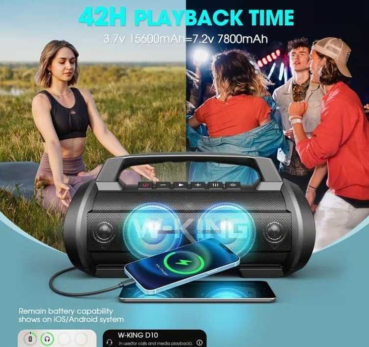 W-KING Super Bass 120W Пикова мощност 70W 40 часа на възпроизвеждане 15600mah IPX6 водоустойчивa
