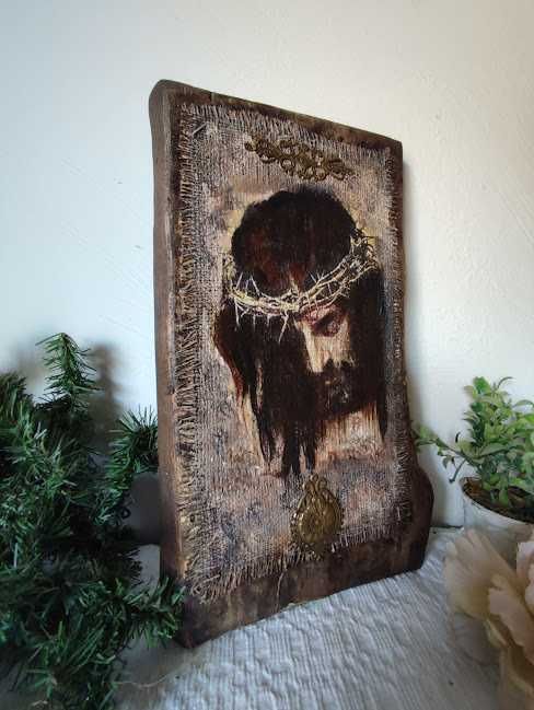 Icoană rustică pe lemn masiv– Isus cu coroană de spini