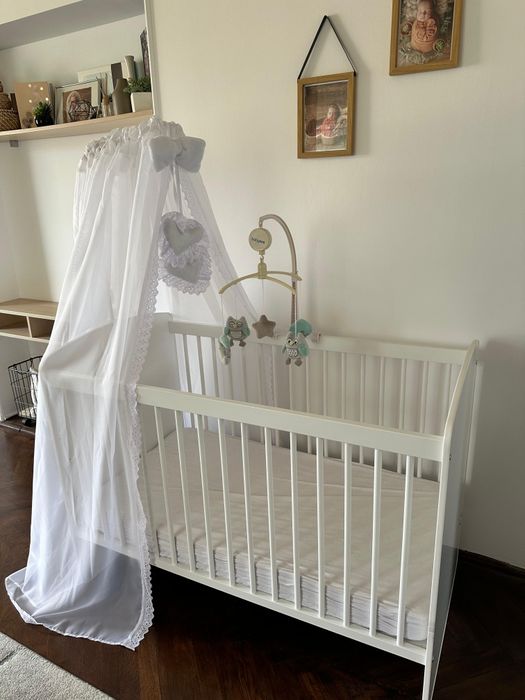 Pătuț bebe din lemn + saltea cocos + baldachin, 120x60