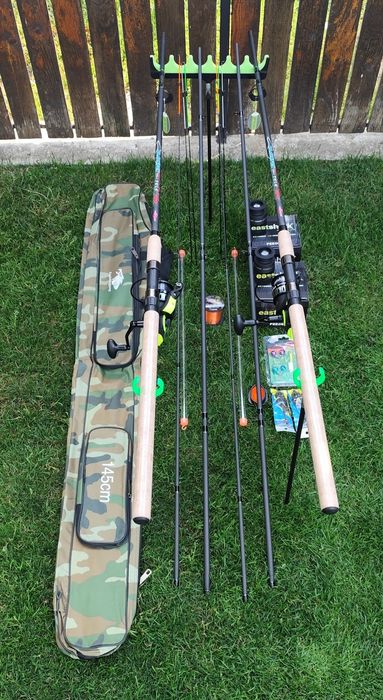 Set 2 Lansete Feeder Carbon 3,90m,2 Mulinete 5000,Senzori,2 Monturi+Matriță, Geantă Transport+Suporți+Fir