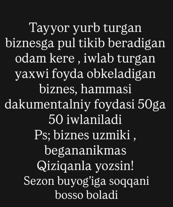 Tayyor yurb turgan biznesga pul tikib beradigan parknyor kerak