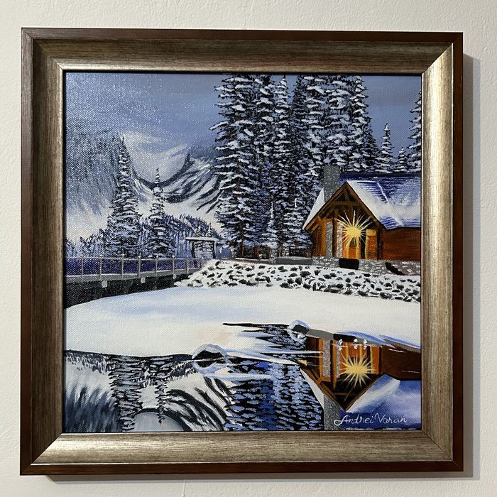 Pictura de iarna cu rama din lemn