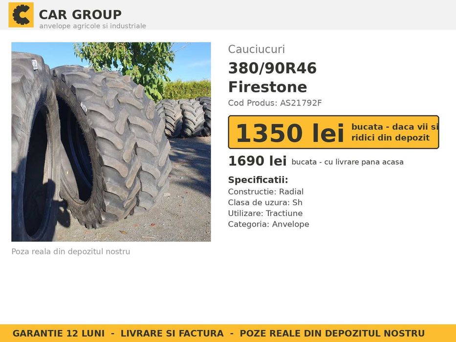 Cauciucuri Anvelope 380/90R46 380/90 R46 14.9R46 14.9-46 3809046 Firestone Prasitoare Tractor Roti Inguste SH Second Hand REDUCERE Oferta Pret Bun