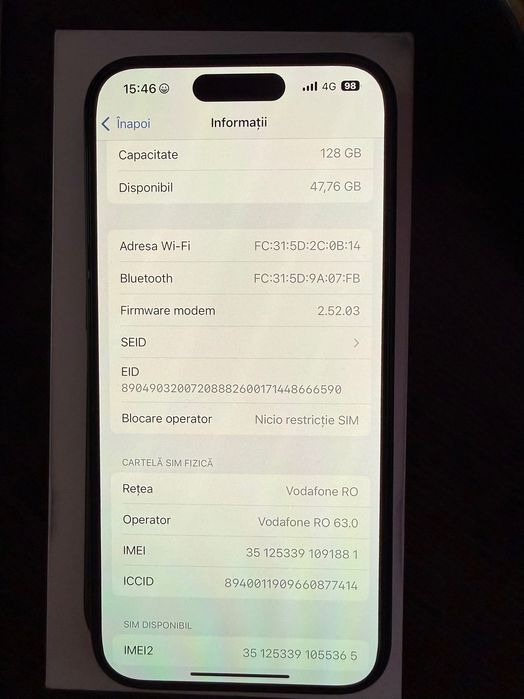 Iphone 15 Pro Black Titanium, 128 GB. de FLANCO///CA NOU, IDEAL CADOU