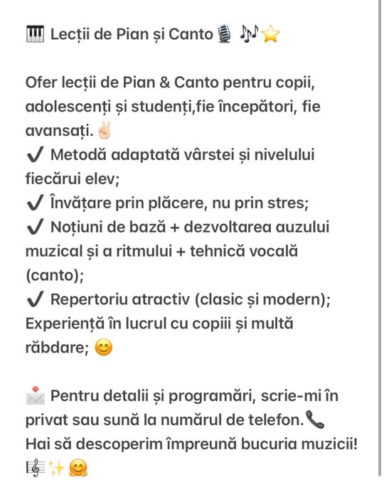 Cursuri de pian, canto si teorie muzicala