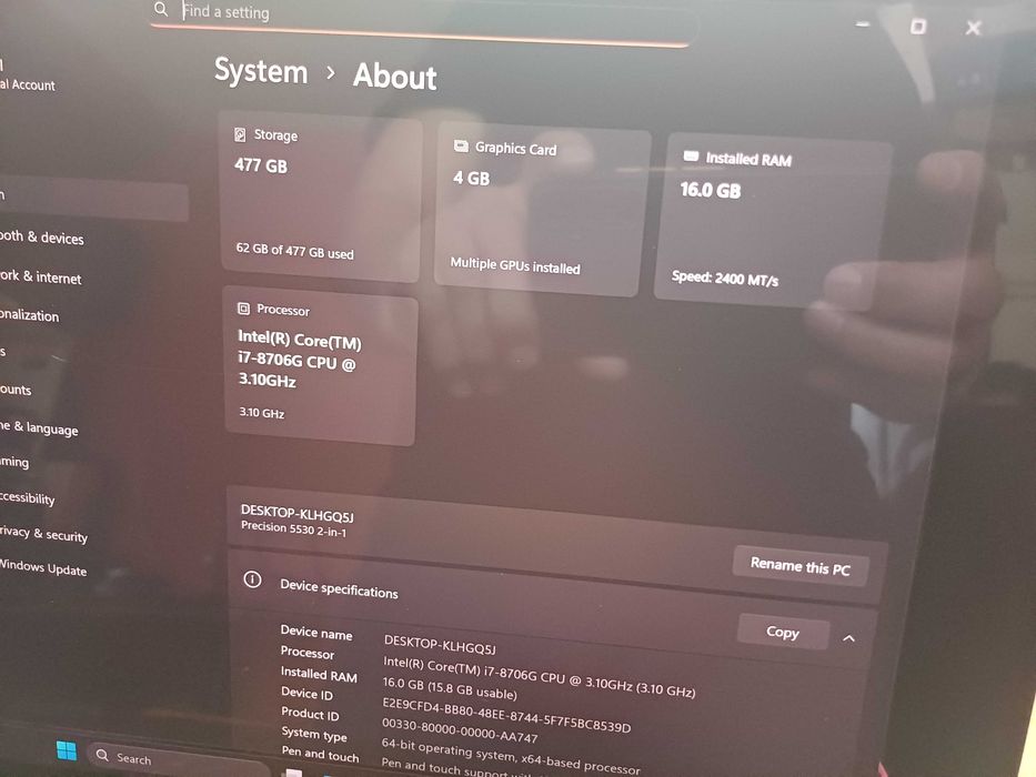 Dell Precision 4K IGZO IPS 2 in 1/Core i7- 8706G/Quadro P1000/16GB DDR4/512GB SSD