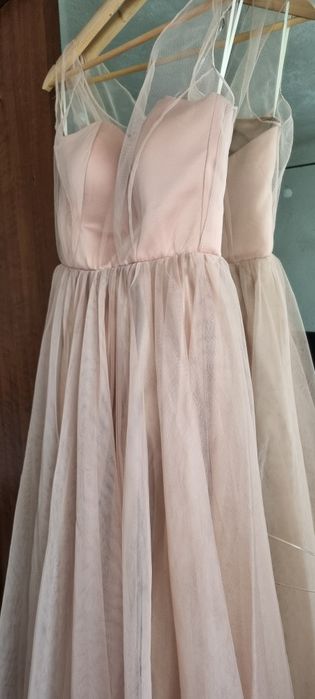 Rochie elegantă Mihaela Mitran S/36 bej, corset + tulle,ocazie/nuntă, stare impecabila