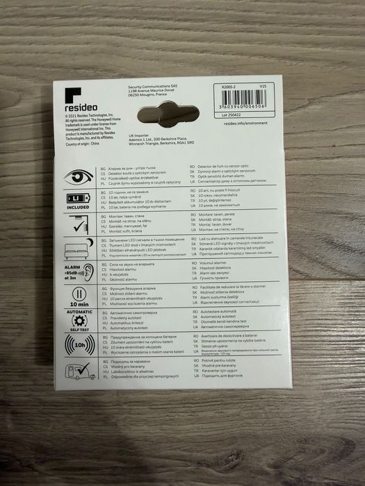 Detector de fum Honeywell Home R200S-2, alarma 85 db, alimentare baterii