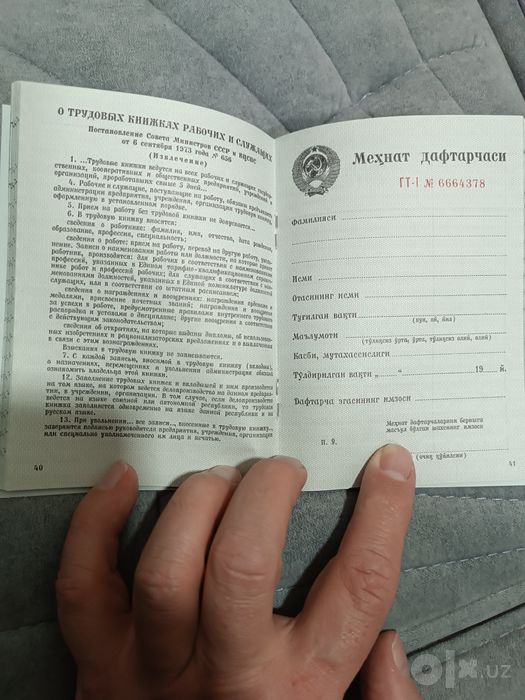 Советская трудовая книжка 1974год
