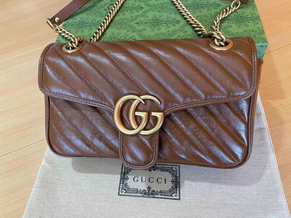 Чантa Гучи Оригинална Златна Дръжка GG Лого Marmont Кафява Кожа Gucci