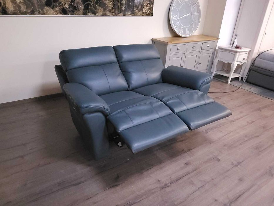 Синьо - зелен кожен диван двойка с ел релакс механизъм La-z-boy
