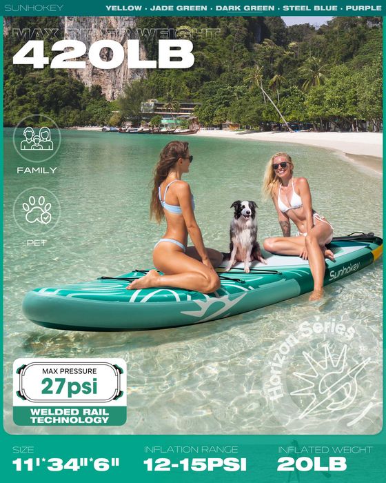 Нов, качествен широк надуваем 335 СМ падъл борд SUP SUNHOKEY SH07 (SUNHOKEY 2026) в зелен дизайн.