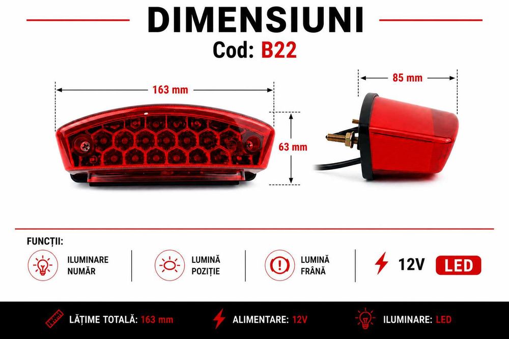 Lampă Stop LED Universală 12V pentru ATV, Quad, UTV și Motocicletă – Poziție + Frână, Lentilă Roșie Sau Fumurie, Design Sport – B22