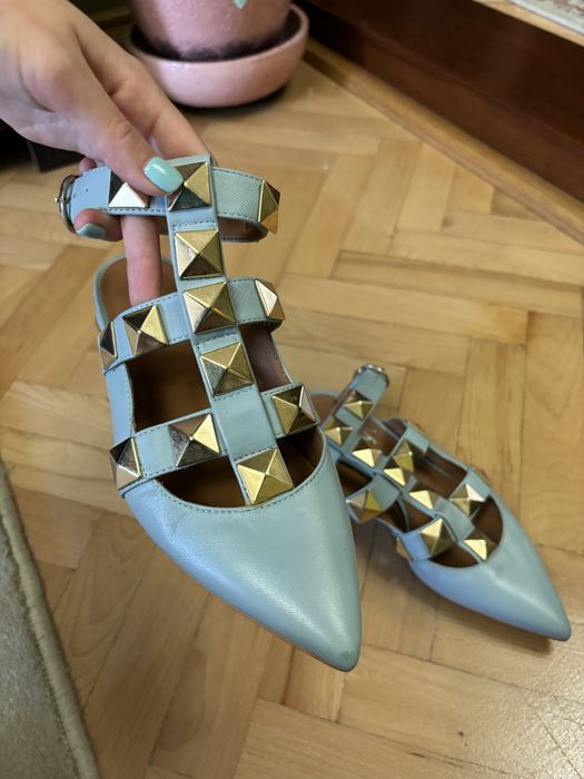 Balerini din piele naturala bleu cu tinte