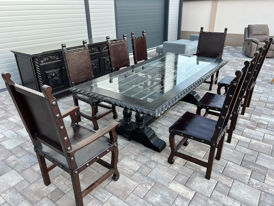 Set Masa Lemn Masiv + 8 Scaune + Servanta Stil Colonial Antic Baroc