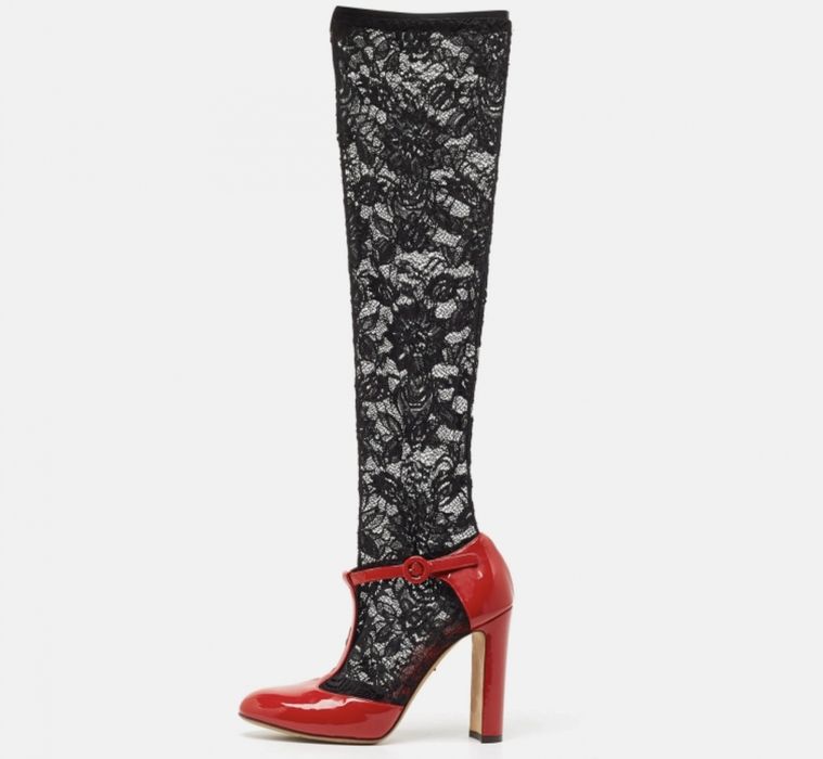 Чисто нови Dolce & Gabbana червени лачени обувки с черна дантела, размер 38,5