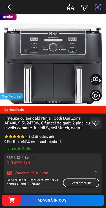 Friteuza cu aer cald Ninja AF400EU, 2470W, 9.51, 6 programe, Negru airfryer