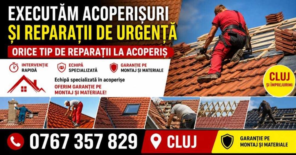 Montaj acoperișuri, Reparații, Țiglă metalică, Tablă fălțuită, Mansardări, Dulgherie, Sisteme pluviale
