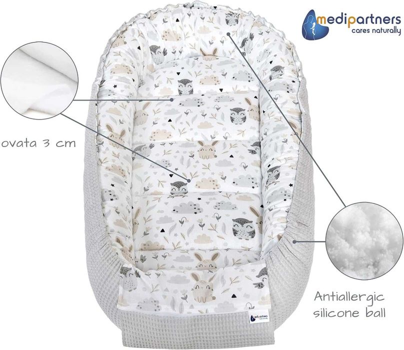 Medi Partners – Бебешко гнездо Cuddle Nest, 100% памук, Waffle, 100 × 60 × 15 см, сив цвят с животни