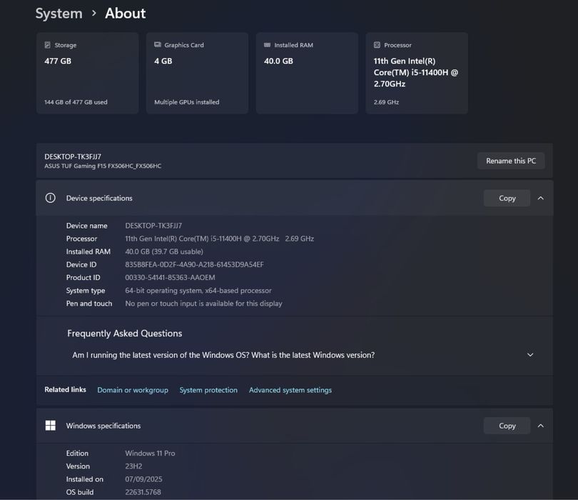 Laptop gaming ASUS TUF F15 i5 RTX 3050 40 GB RAM