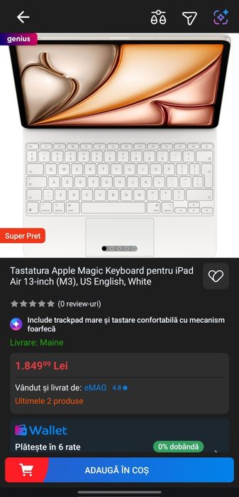 Tastatura Apple Magic Keyboard pentru iPad Air 13-inch (M3), US English, White