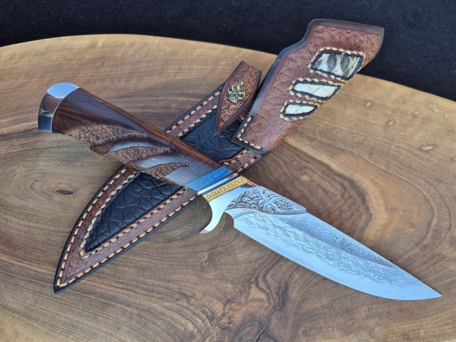 Ръчно изработен ловен нож дамаска стомана с кожена кания LN432