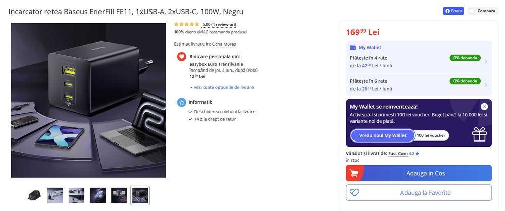 Incarcator de telefon, laptop etc. USB-C, PD3 - Baseus EnerFill FE11 100W GaN6, nou cu garantie