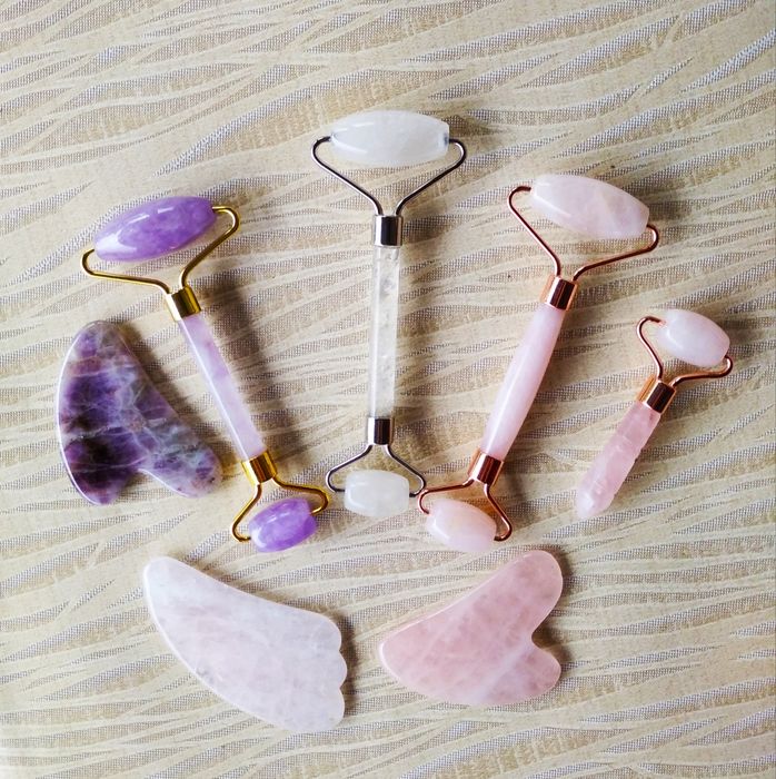 ЛУКС КОМПЛЕКТ ролер и Гуа Ша - аметист кварц нефрит авантюрин КОЛЕДА