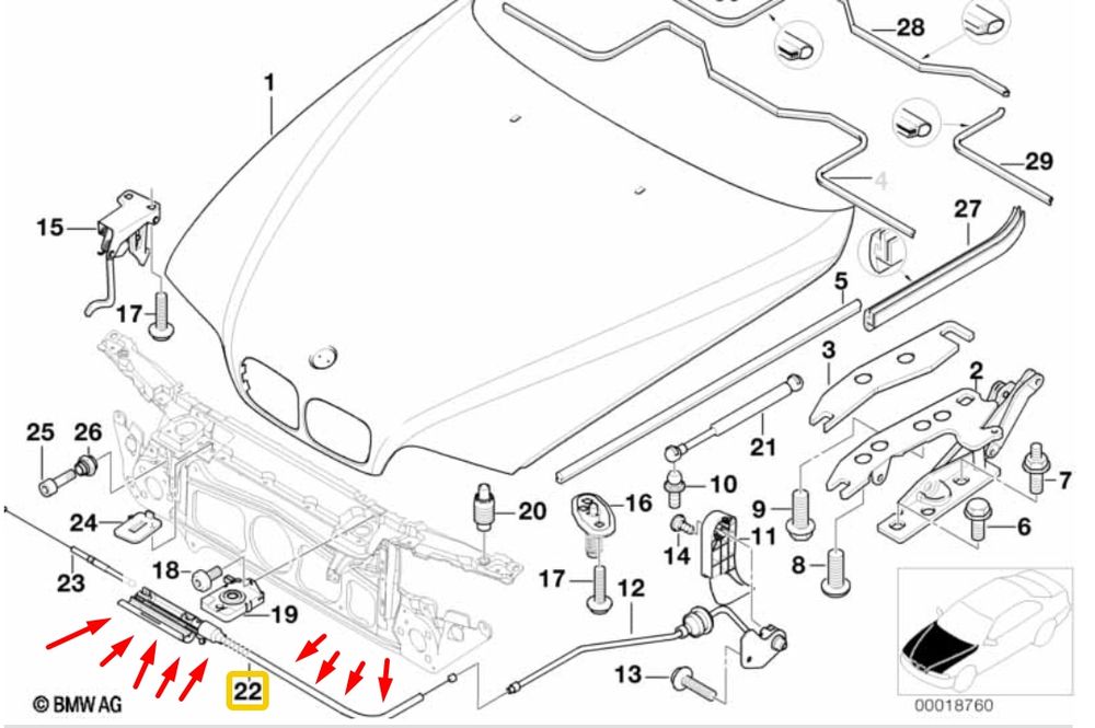 Жило за отваряне на капак BMW, E39, Двигателен отсек (1995–2003)
