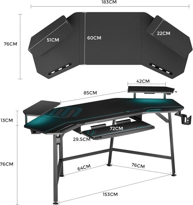 Masa Birou Gaming EUREKA ERGONOMIC 182x76 cm cu LED – Nou