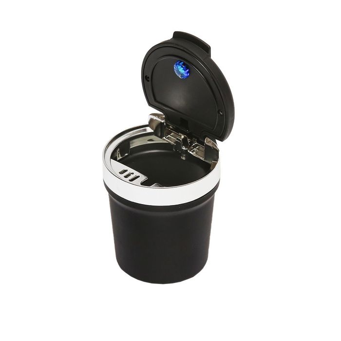 Scrumiera auto universala cu fund ceramic neagra-argintiu cu lumina albastra LED