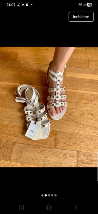Sandale gladiator albe din piele naturală Mango, cu ținte, mărimea 36